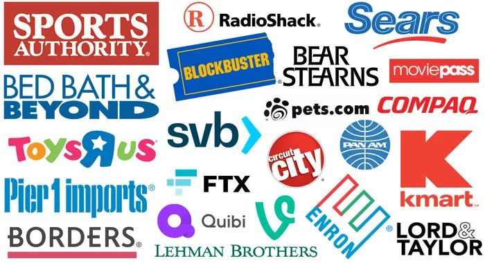 A sampling of companies that have gone out of business over the past thirty years, from Enron to Blockbuster to Bed Bath & Beyond.